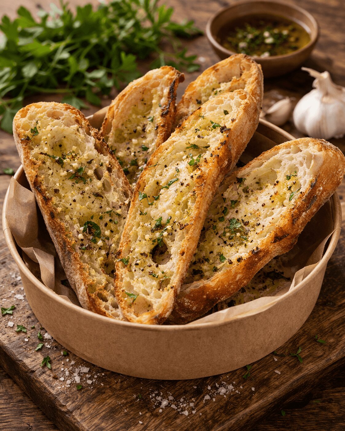 Freshly baked ciabatta garlic bread